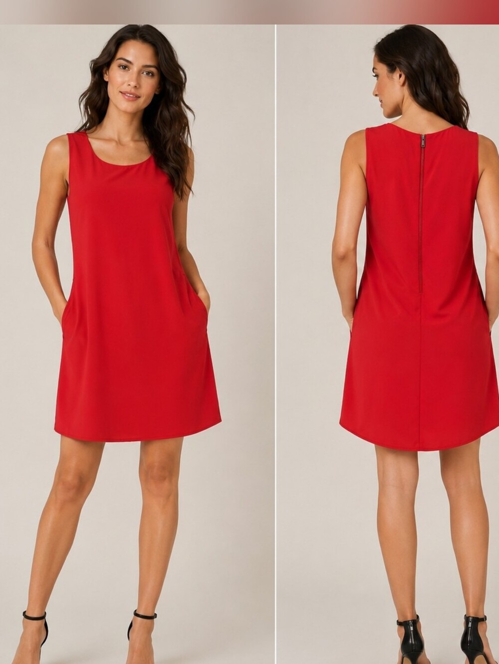 DKNY Donna Karan New York Vibrant Red Sleeveless Shift Dress with Pockets, Sz M